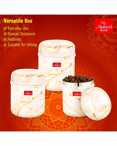 Maahavira Gold 3D Prisma Color Coated Stainless Steel Design Containers with Air Tight Lid Use for Dry fruits, Chocolates, Biscuits, Tea, Sugar &amp; Coffee, Set of 3 - White Cream-5