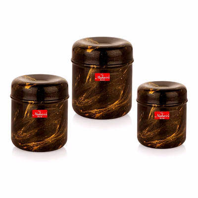 maahavira gold 3d prisma color coated stainless steel design containers with air tight lid use for dry fruits, chocolates, biscuits, tea, sugar & coffee, set of 3 - chocolate brown