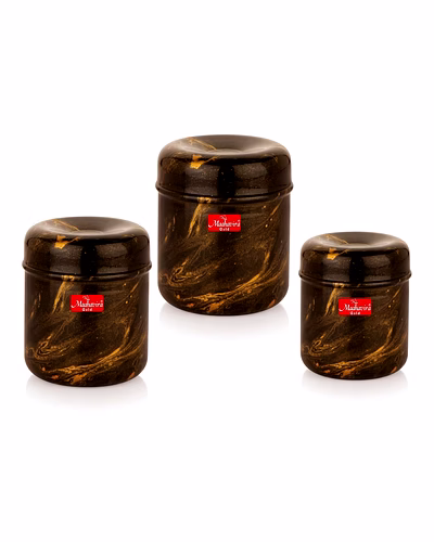 Maahavira Gold 3D Prisma Color Coated Stainless Steel Design Containers with Air Tight Lid Use for Dry fruits, Chocolates, Biscuits, Tea, Sugar &amp; Coffee, Set of 3 - Chocolate Brown-SJMT-3D-CHO-CT-Set3