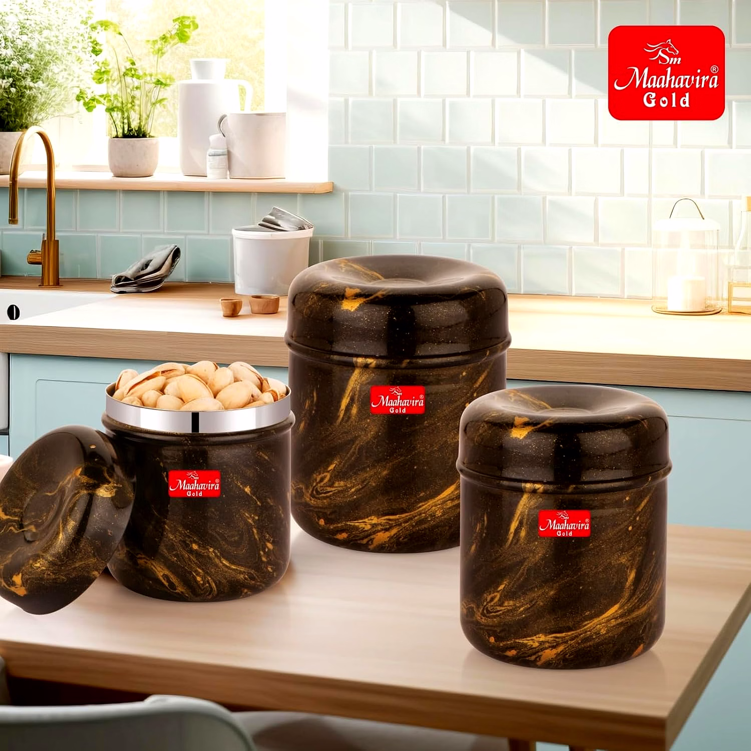 Maahavira Gold 3D Prisma Color Coated Stainless Steel Design Containers with Air Tight Lid Use for Dry fruits, Chocolates, Biscuits, Tea, Sugar & Coffee, Set of 3 - Chocolate Brown image 2