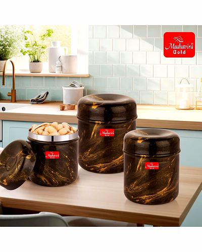 Maahavira Gold 3D Prisma Color Coated Stainless Steel Design Containers with Air Tight Lid Use for Dry fruits, Chocolates, Biscuits, Tea, Sugar &amp; Coffee, Set of 3 - Chocolate Brown-1