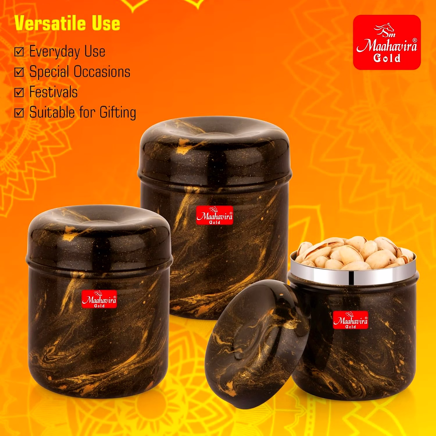 Maahavira Gold 3D Prisma Color Coated Stainless Steel Design Containers with Air Tight Lid Use for Dry fruits, Chocolates, Biscuits, Tea, Sugar & Coffee, Set of 3 - Chocolate Brown image 3