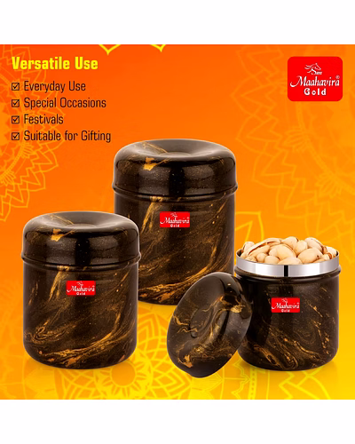 Maahavira Gold 3D Prisma Color Coated Stainless Steel Design Containers with Air Tight Lid Use for Dry fruits, Chocolates, Biscuits, Tea, Sugar &amp; Coffee, Set of 3 - Chocolate Brown-2