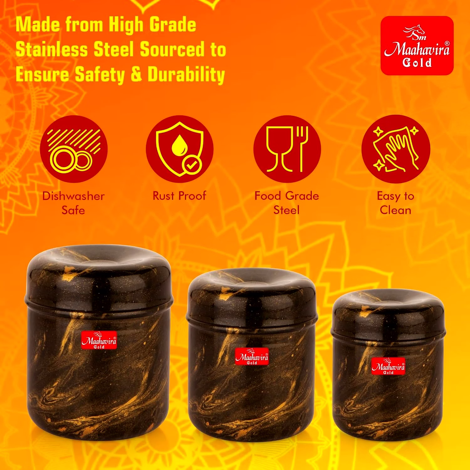 Maahavira Gold 3D Prisma Color Coated Stainless Steel Design Containers with Air Tight Lid Use for Dry fruits, Chocolates, Biscuits, Tea, Sugar & Coffee, Set of 3 - Chocolate Brown image 5
