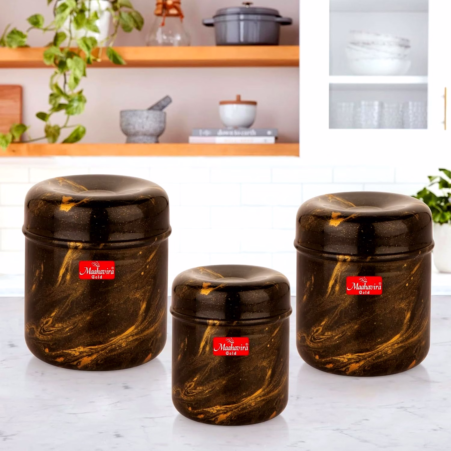 Maahavira Gold 3D Prisma Color Coated Stainless Steel Design Containers with Air Tight Lid Use for Dry fruits, Chocolates, Biscuits, Tea, Sugar & Coffee, Set of 3 - Chocolate Brown image 6