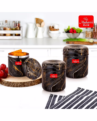 Maahavira Gold 3D Prisma Color Coated Stainless Steel Design Containers with Air Tight Lid Use for Dry fruits, Chocolates, Biscuits, Tea, Sugar &amp; Coffee, Set of 3 - Grey Color-1