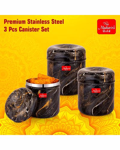 Maahavira Gold 3D Prisma Color Coated Stainless Steel Design Containers with Air Tight Lid Use for Dry fruits, Chocolates, Biscuits, Tea, Sugar &amp; Coffee, Set of 3 - Grey Color-2