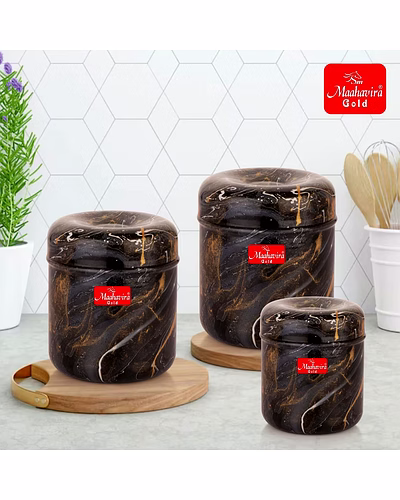 Maahavira Gold 3D Prisma Color Coated Stainless Steel Design Containers with Air Tight Lid Use for Dry fruits, Chocolates, Biscuits, Tea, Sugar &amp; Coffee, Set of 3 - Grey Color-5