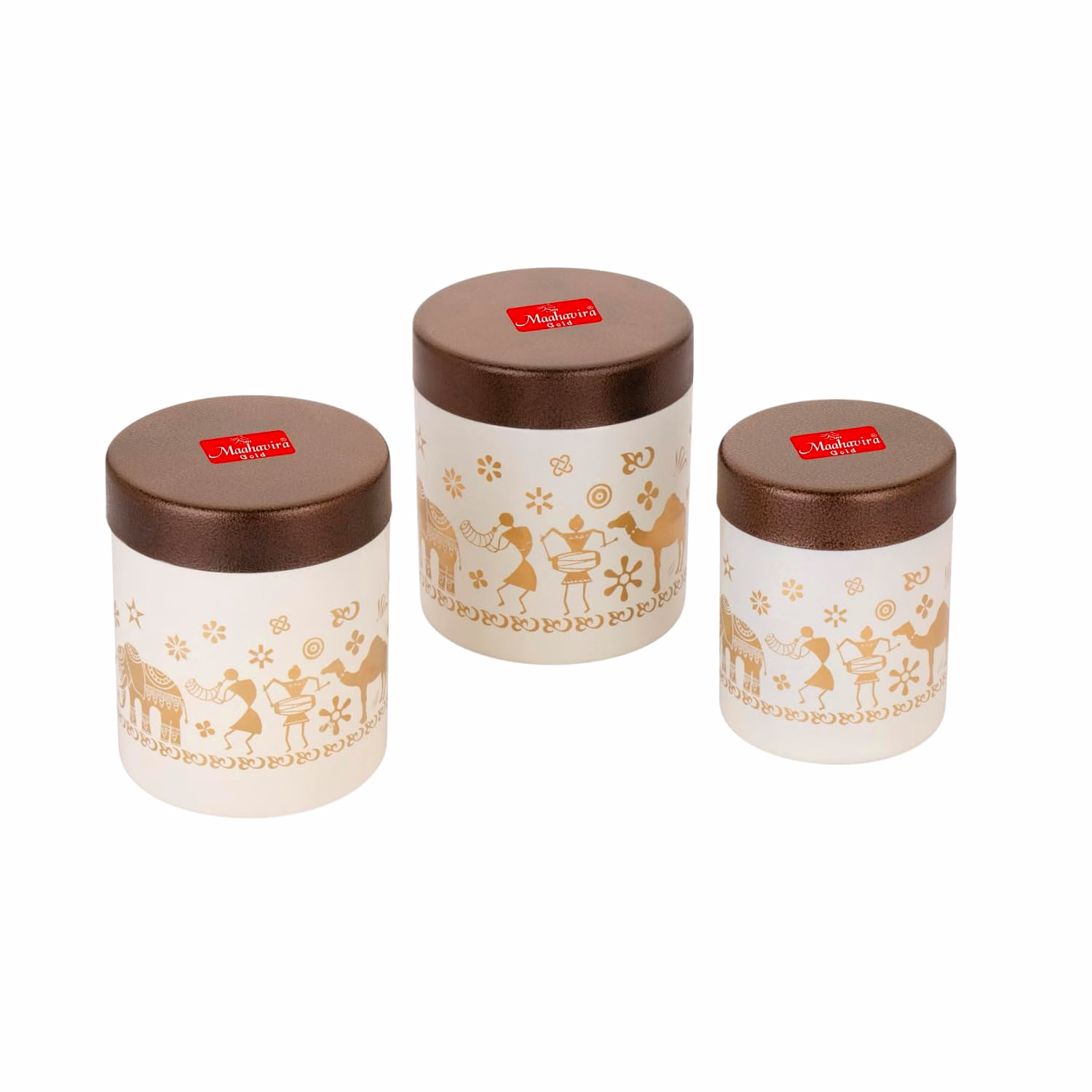maahavira gold stainless steel shanai printed design containers set with air tight lid use for dry fruits, chocolates, biscuits, tea, sugar & coffee, 650ml, 450ml & 350ml set of 3 -white color