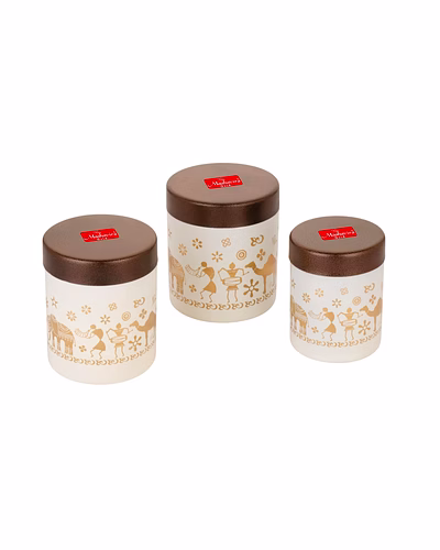 Maahavira Gold Stainless Steel Shanai Printed Design Containers Set with Air Tight Lid Use for Dry fruits, Chocolates, Biscuits, Tea, Sugar &amp; Coffee, 650ml, 450ml &amp; 350ml Set of 3 -White Color-SJMT-White-Copr-Shanai-Set3