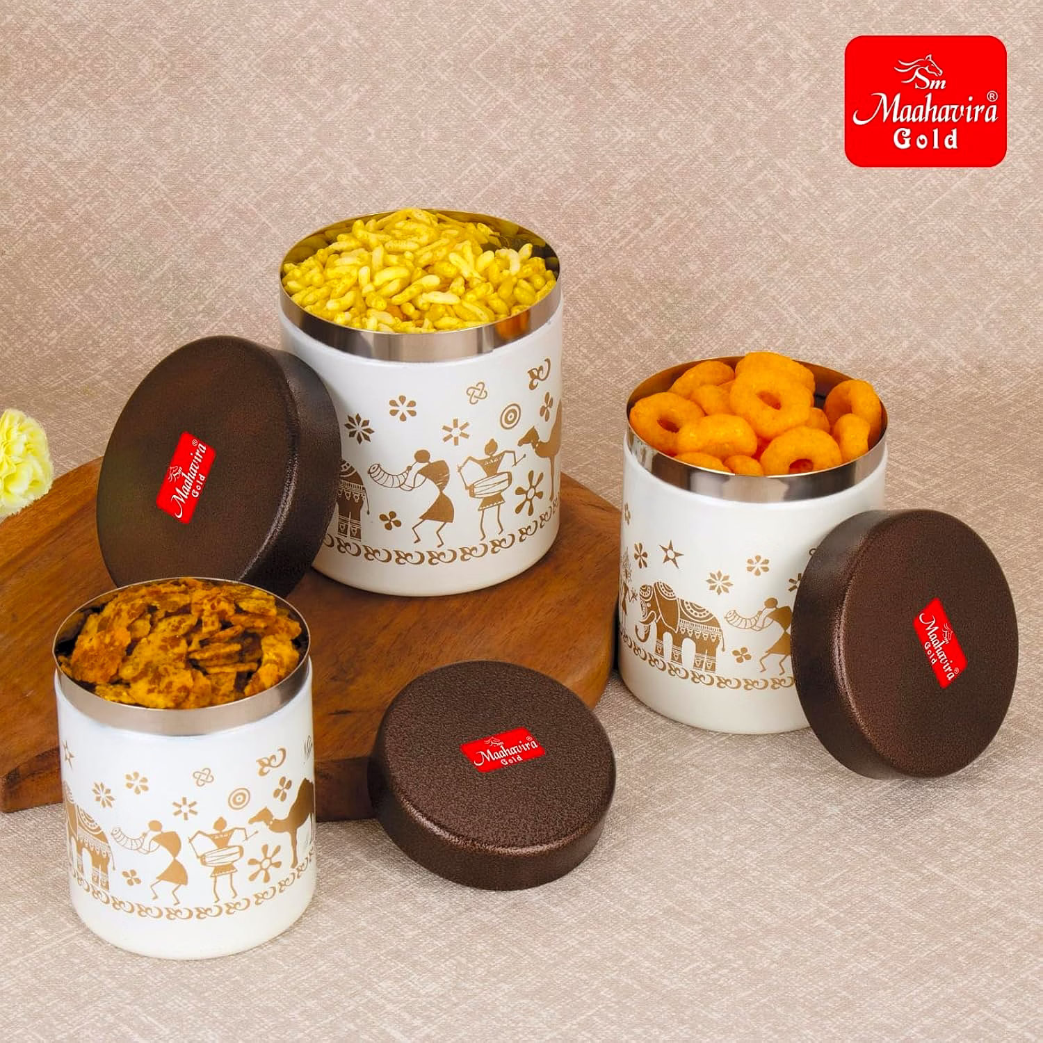 Maahavira Gold Stainless Steel Shanai Printed Design Containers Set with Air Tight Lid Use for Dry fruits, Chocolates, Biscuits, Tea, Sugar & Coffee, 650ml, 450ml & 350ml Set of 3 -White Color image 2