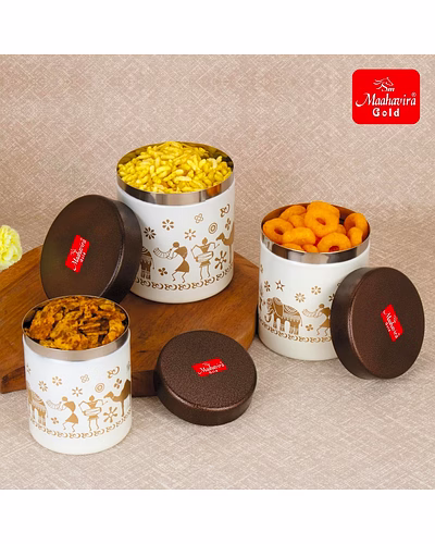 Maahavira Gold Stainless Steel Shanai Printed Design Containers Set with Air Tight Lid Use for Dry fruits, Chocolates, Biscuits, Tea, Sugar &amp; Coffee, 650ml, 450ml &amp; 350ml Set of 3 -White Color-1