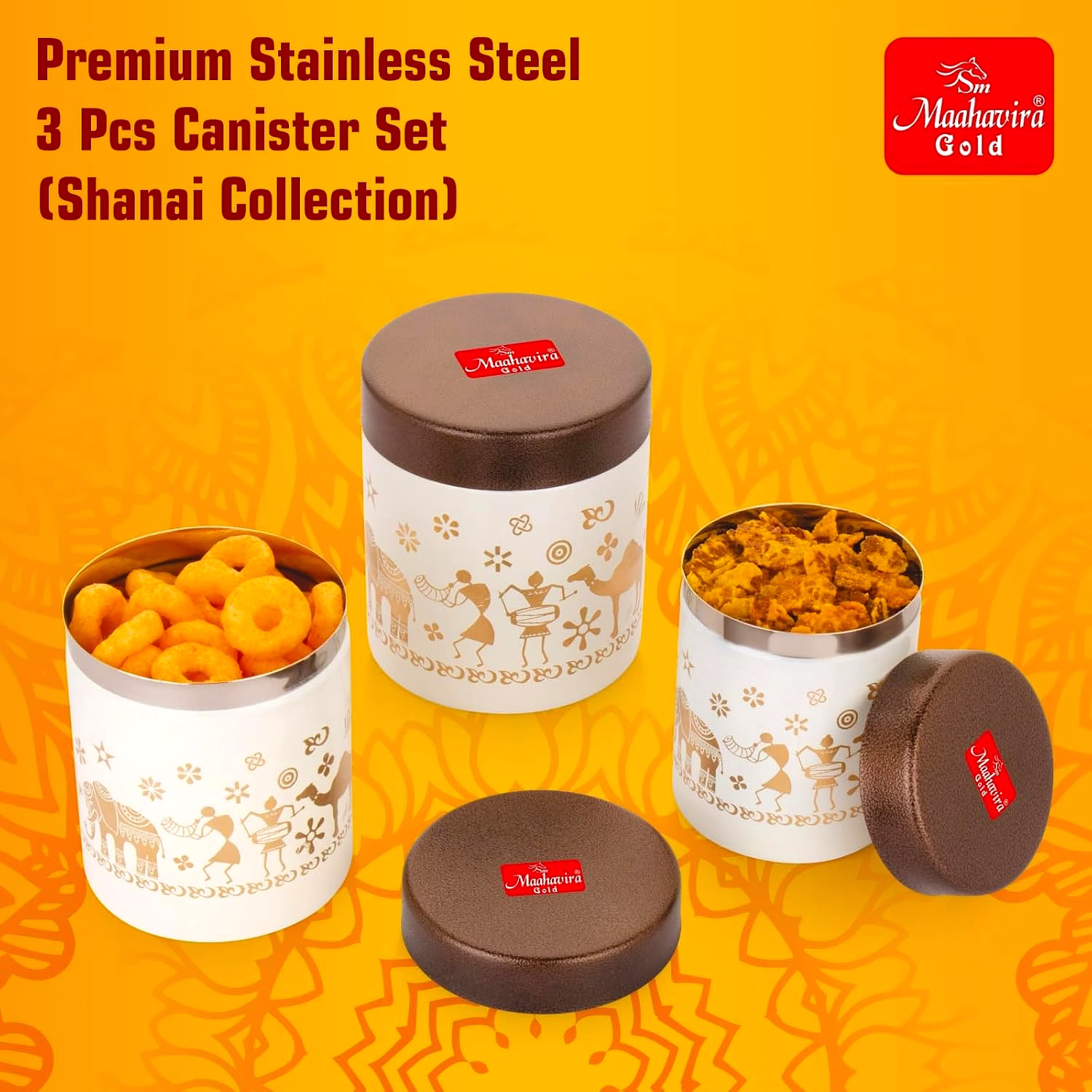 Maahavira Gold Stainless Steel Shanai Printed Design Containers Set with Air Tight Lid Use for Dry fruits, Chocolates, Biscuits, Tea, Sugar & Coffee, 650ml, 450ml & 350ml Set of 3 -White Color image 3