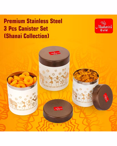 Maahavira Gold Stainless Steel Shanai Printed Design Containers Set with Air Tight Lid Use for Dry fruits, Chocolates, Biscuits, Tea, Sugar &amp; Coffee, 650ml, 450ml &amp; 350ml Set of 3 -White Color-2