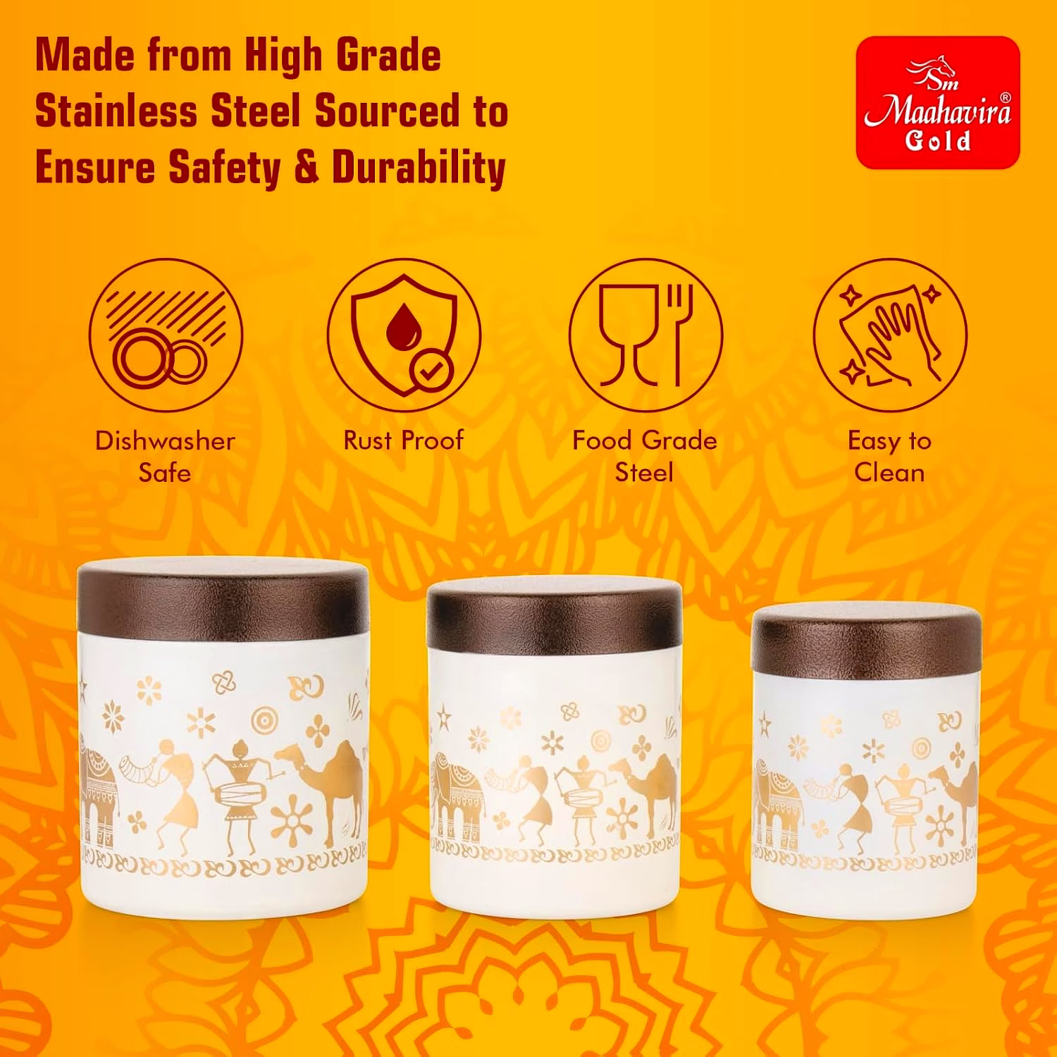 Maahavira Gold Stainless Steel Shanai Printed Design Containers Set with Air Tight Lid Use for Dry fruits, Chocolates, Biscuits, Tea, Sugar & Coffee, 650ml, 450ml & 350ml Set of 3 -White Color image 4