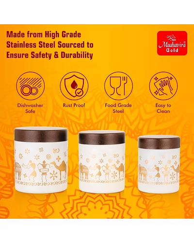 Maahavira Gold Stainless Steel Shanai Printed Design Containers Set with Air Tight Lid Use for Dry fruits, Chocolates, Biscuits, Tea, Sugar &amp; Coffee, 650ml, 450ml &amp; 350ml Set of 3 -White Color-3