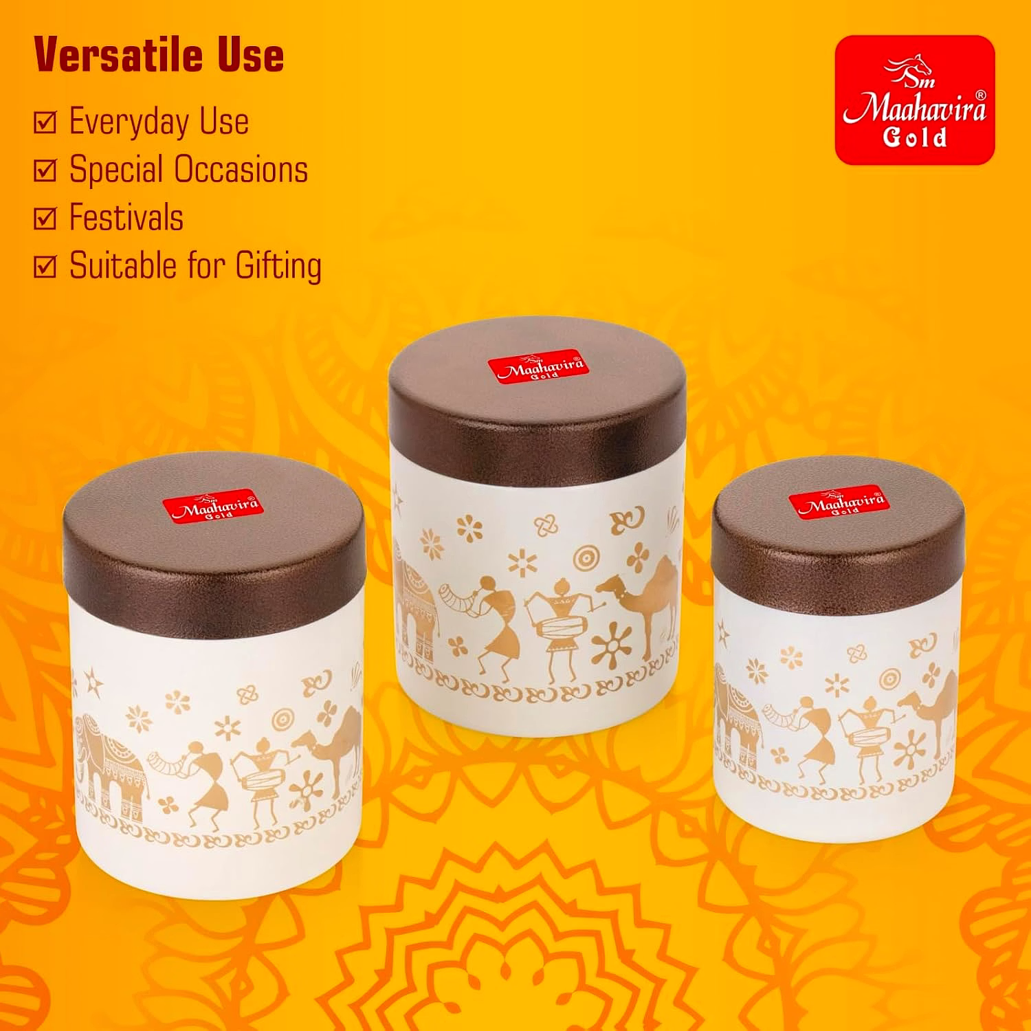 Maahavira Gold Stainless Steel Shanai Printed Design Containers Set with Air Tight Lid Use for Dry fruits, Chocolates, Biscuits, Tea, Sugar & Coffee, 650ml, 450ml & 350ml Set of 3 -White Color image 5