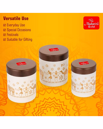 Maahavira Gold Stainless Steel Shanai Printed Design Containers Set with Air Tight Lid Use for Dry fruits, Chocolates, Biscuits, Tea, Sugar &amp; Coffee, 650ml, 450ml &amp; 350ml Set of 3 -White Color-4