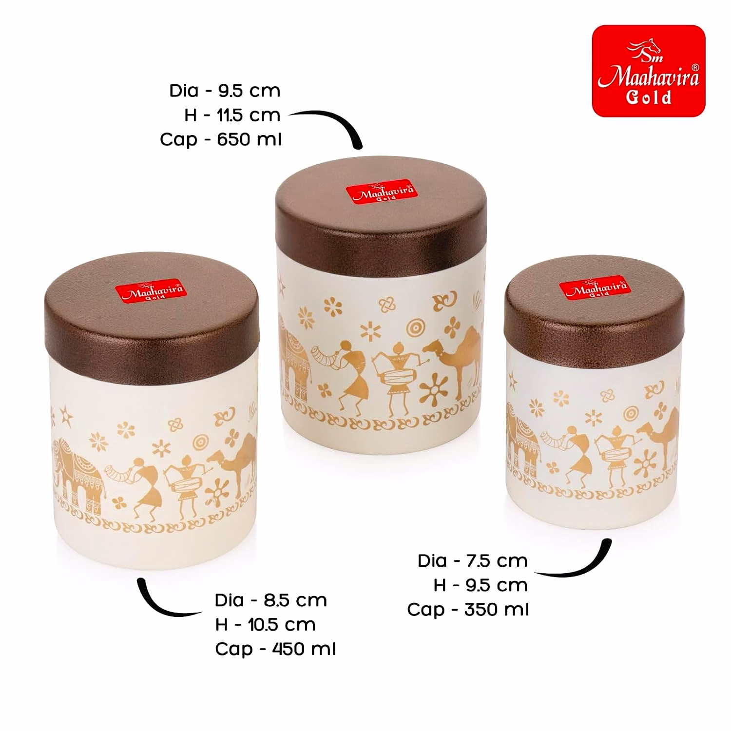 Maahavira Gold Stainless Steel Shanai Printed Design Containers Set with Air Tight Lid Use for Dry fruits, Chocolates, Biscuits, Tea, Sugar & Coffee, 650ml, 450ml & 350ml Set of 3 -White Color image 6