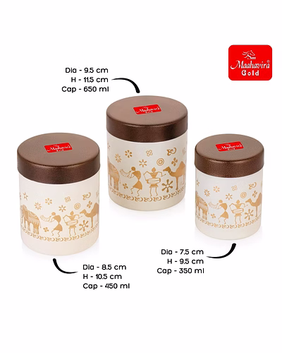 Maahavira Gold Stainless Steel Shanai Printed Design Containers Set with Air Tight Lid Use for Dry fruits, Chocolates, Biscuits, Tea, Sugar &amp; Coffee, 650ml, 450ml &amp; 350ml Set of 3 -White Color-5