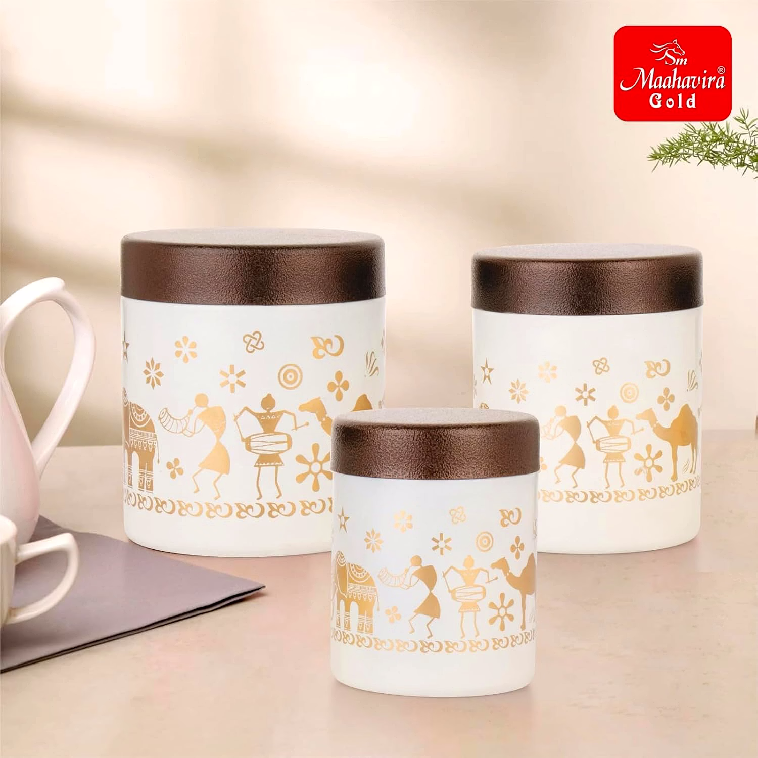 Maahavira Gold Stainless Steel Shanai Printed Design Containers Set with Air Tight Lid Use for Dry fruits, Chocolates, Biscuits, Tea, Sugar & Coffee, 650ml, 450ml & 350ml Set of 3 -White Color image 7