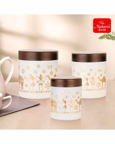 Maahavira Gold Stainless Steel Shanai Printed Design Containers Set with Air Tight Lid Use for Dry fruits, Chocolates, Biscuits, Tea, Sugar &amp; Coffee, 650ml, 450ml &amp; 350ml Set of 3 -White Color-6