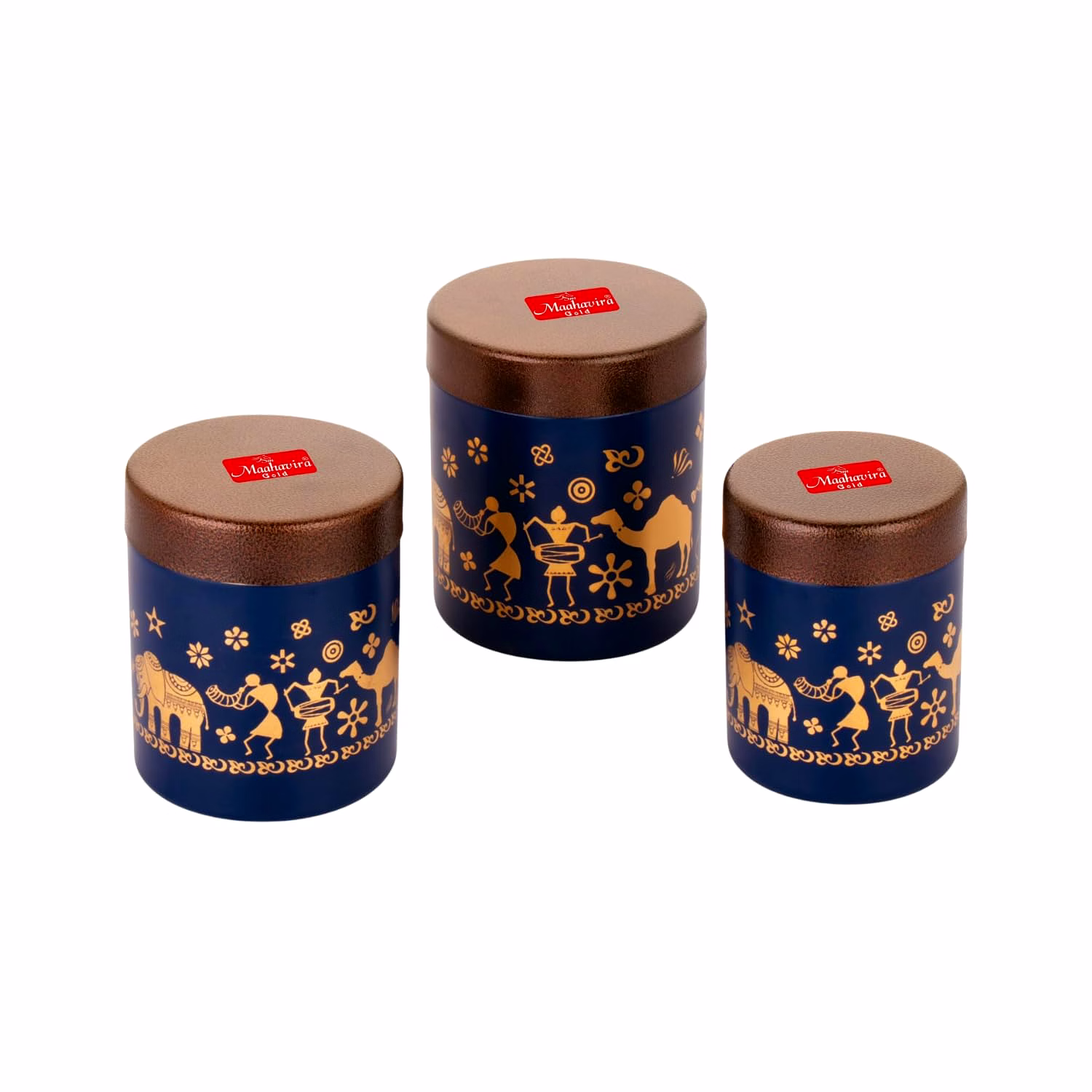 maahavira gold stainless steel shanai printed design containers set with air tight lid use for dry fruits, chocolates, biscuits, tea, sugar & coffee, 650ml, 450ml & 350ml set of 3 -blue color