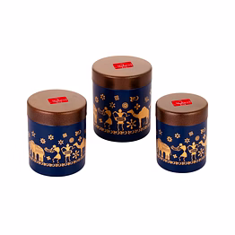 maahavira gold stainless steel shanai printed design containers set with air tight lid use for dry fruits, chocolates, biscuits, tea, sugar & coffee, 650ml, 450ml & 350ml set of 3 -blue color