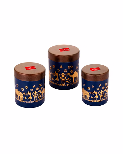 Maahavira Gold Stainless Steel Shanai Printed Design Containers Set with Air Tight Lid Use for Dry fruits, Chocolates, Biscuits, Tea, Sugar &amp; Coffee, 650ml, 450ml &amp; 350ml Set of 3 -Blue Color-SJMT-BLU-Copr-Shanai-Set3
