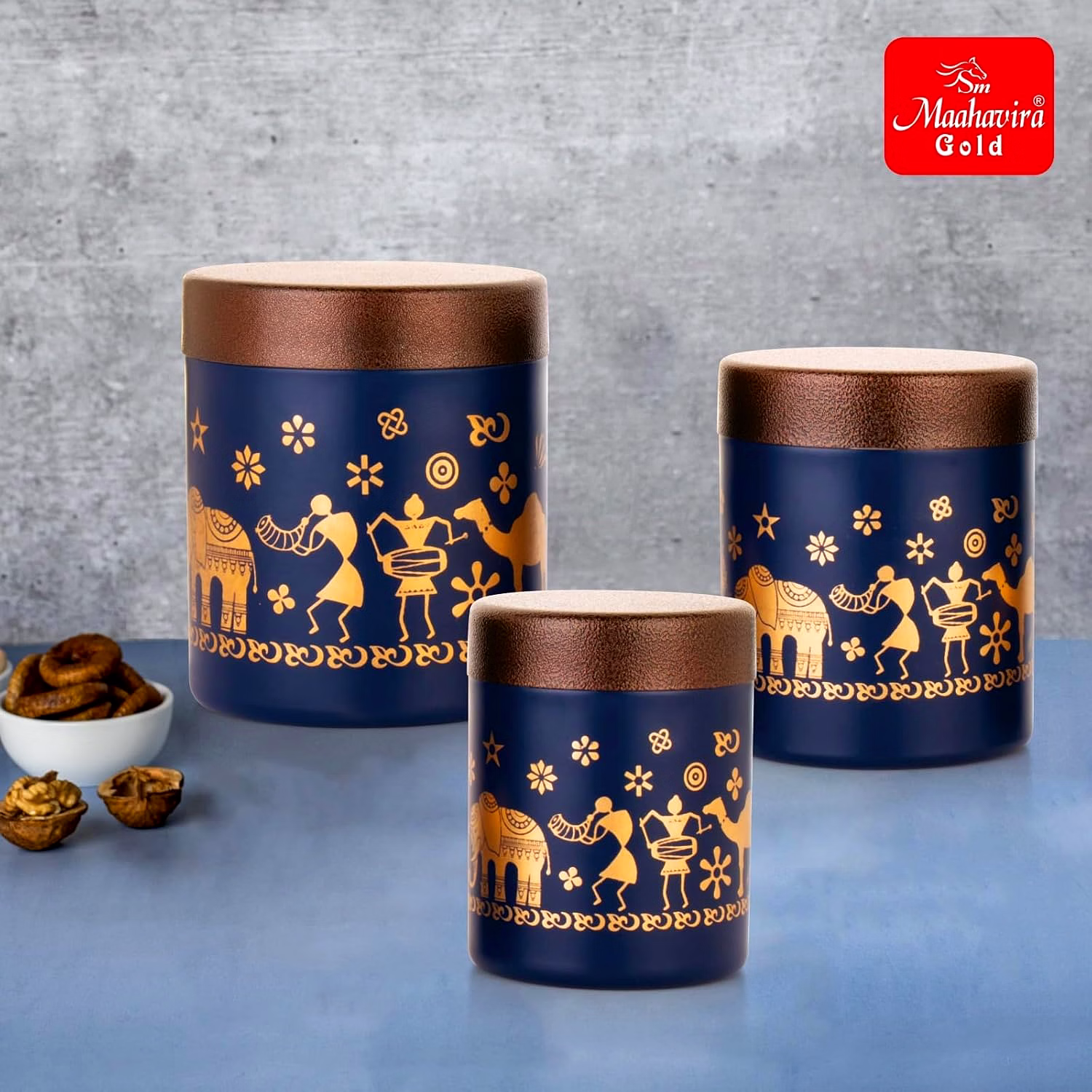 Maahavira Gold Stainless Steel Shanai Printed Design Containers Set with Air Tight Lid Use for Dry fruits, Chocolates, Biscuits, Tea, Sugar & Coffee, 650ml, 450ml & 350ml Set of 3 -Blue Color image 2