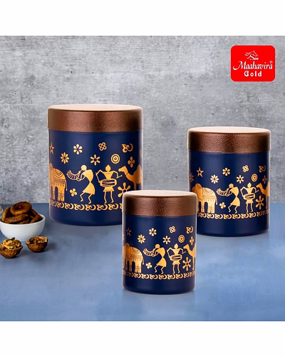Maahavira Gold Stainless Steel Shanai Printed Design Containers Set with Air Tight Lid Use for Dry fruits, Chocolates, Biscuits, Tea, Sugar &amp; Coffee, 650ml, 450ml &amp; 350ml Set of 3 -Blue Color-1