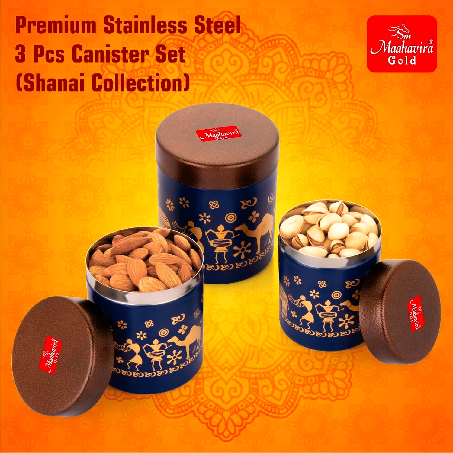 Maahavira Gold Stainless Steel Shanai Printed Design Containers Set with Air Tight Lid Use for Dry fruits, Chocolates, Biscuits, Tea, Sugar & Coffee, 650ml, 450ml & 350ml Set of 3 -Blue Color image 3