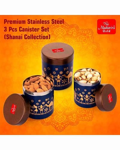 Maahavira Gold Stainless Steel Shanai Printed Design Containers Set with Air Tight Lid Use for Dry fruits, Chocolates, Biscuits, Tea, Sugar &amp; Coffee, 650ml, 450ml &amp; 350ml Set of 3 -Blue Color-2