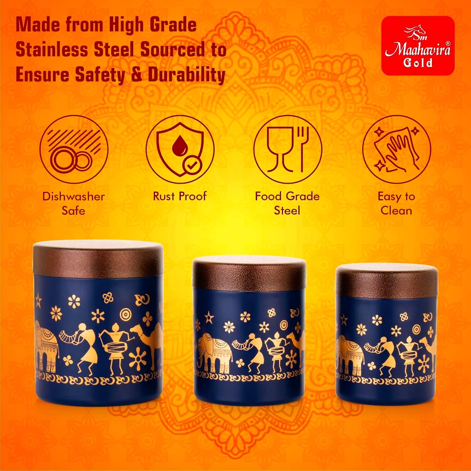 Maahavira Gold Stainless Steel Shanai Printed Design Containers Set with Air Tight Lid Use for Dry fruits, Chocolates, Biscuits, Tea, Sugar & Coffee, 650ml, 450ml & 350ml Set of 3 -Blue Color image 4