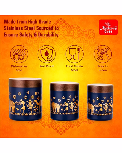 Maahavira Gold Stainless Steel Shanai Printed Design Containers Set with Air Tight Lid Use for Dry fruits, Chocolates, Biscuits, Tea, Sugar &amp; Coffee, 650ml, 450ml &amp; 350ml Set of 3 -Blue Color-3