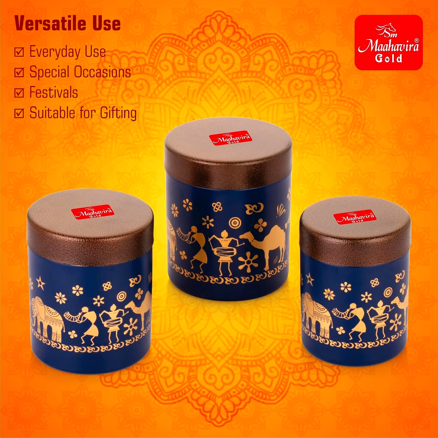 Maahavira Gold Stainless Steel Shanai Printed Design Containers Set with Air Tight Lid Use for Dry fruits, Chocolates, Biscuits, Tea, Sugar & Coffee, 650ml, 450ml & 350ml Set of 3 -Blue Color image 5