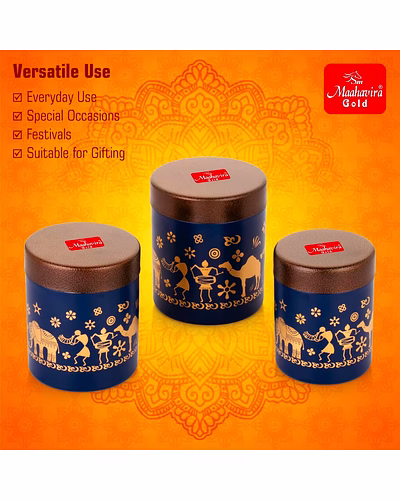 Maahavira Gold Stainless Steel Shanai Printed Design Containers Set with Air Tight Lid Use for Dry fruits, Chocolates, Biscuits, Tea, Sugar &amp; Coffee, 650ml, 450ml &amp; 350ml Set of 3 -Blue Color-4