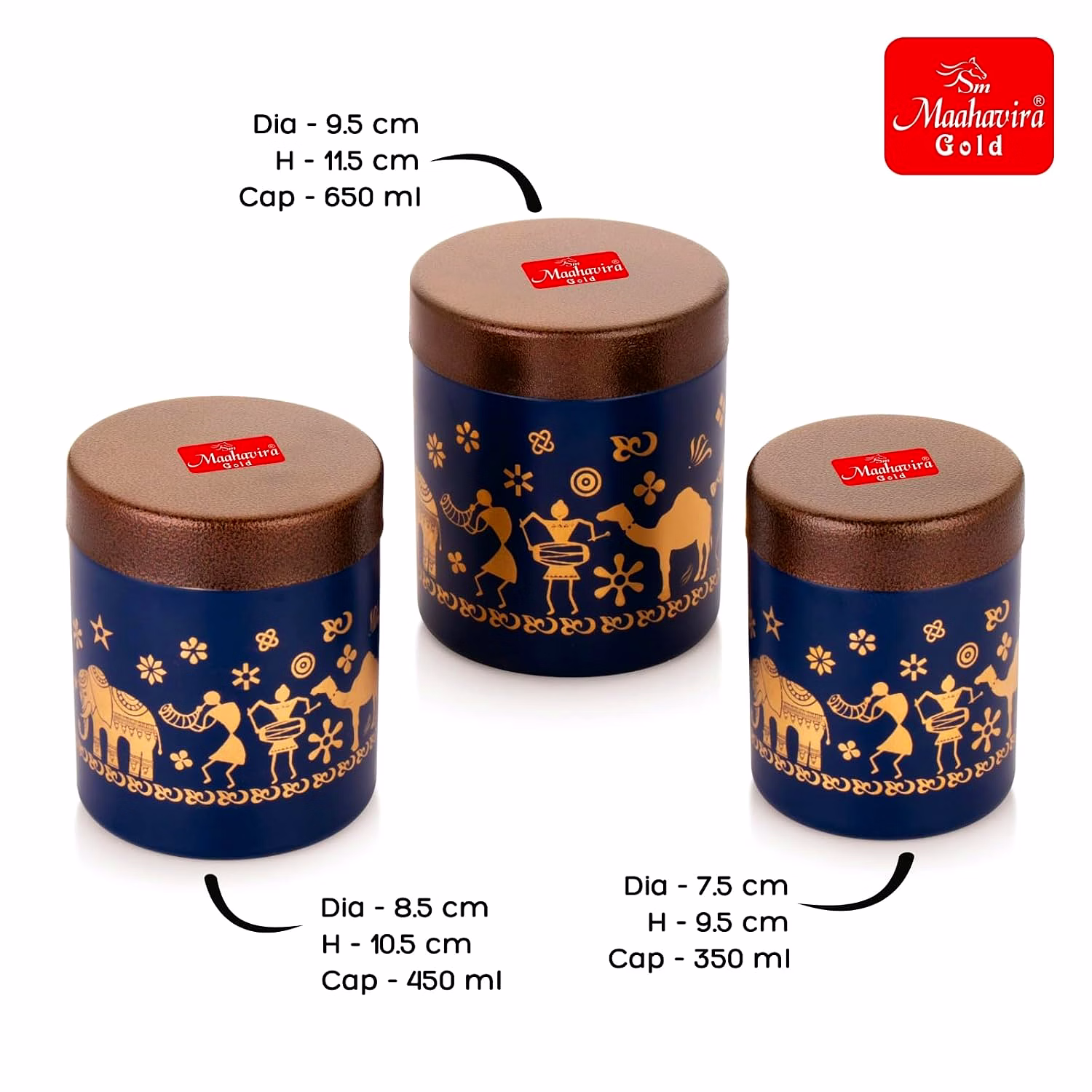 Maahavira Gold Stainless Steel Shanai Printed Design Containers Set with Air Tight Lid Use for Dry fruits, Chocolates, Biscuits, Tea, Sugar & Coffee, 650ml, 450ml & 350ml Set of 3 -Blue Color image 6