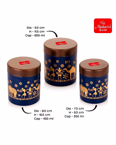 Maahavira Gold Stainless Steel Shanai Printed Design Containers Set with Air Tight Lid Use for Dry fruits, Chocolates, Biscuits, Tea, Sugar &amp; Coffee, 650ml, 450ml &amp; 350ml Set of 3 -Blue Color-5