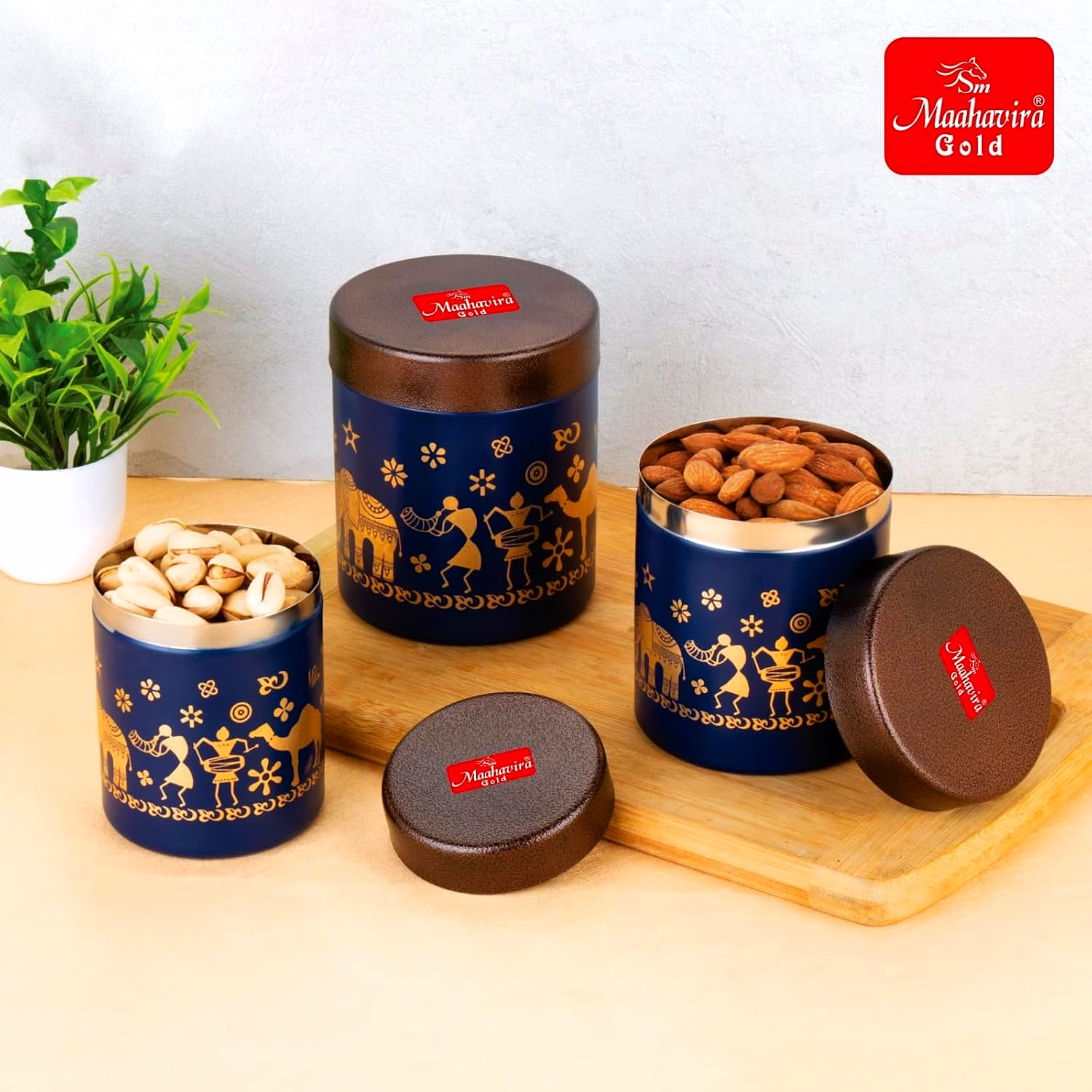 Maahavira Gold Stainless Steel Shanai Printed Design Containers Set with Air Tight Lid Use for Dry fruits, Chocolates, Biscuits, Tea, Sugar & Coffee, 650ml, 450ml & 350ml Set of 3 -Blue Color image 7