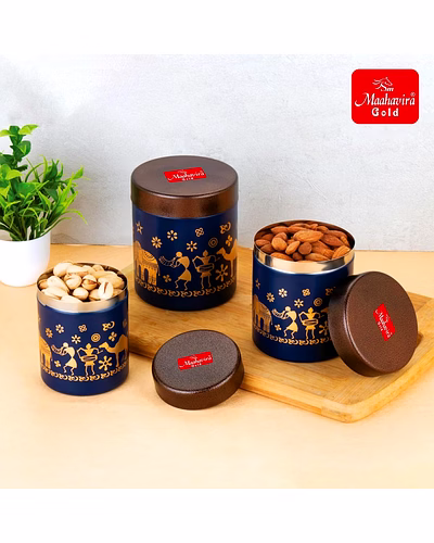 Maahavira Gold Stainless Steel Shanai Printed Design Containers Set with Air Tight Lid Use for Dry fruits, Chocolates, Biscuits, Tea, Sugar &amp; Coffee, 650ml, 450ml &amp; 350ml Set of 3 -Blue Color-6