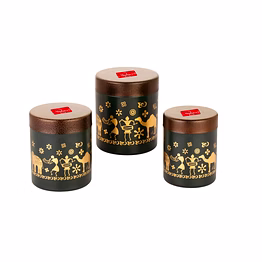 maahavira gold stainless steel shanai printed design containers set with air tight lid use for dry fruits, chocolates, biscuits, tea, sugar & coffee, 650ml, 450ml & 350ml set of 3 -chocolate brown
