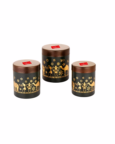 Maahavira Gold Stainless Steel Shanai Printed Design Containers Set with Air Tight Lid Use for Dry fruits, Chocolates, Biscuits, Tea, Sugar &amp; Coffee, 650ml, 450ml &amp; 350ml Set of 3 -Chocolate Brown-SJMT-GRN-Copr-Shanai-Set3