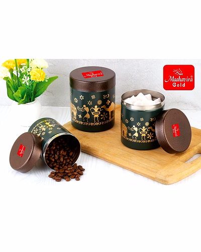 Maahavira Gold Stainless Steel Shanai Printed Design Containers Set with Air Tight Lid Use for Dry fruits, Chocolates, Biscuits, Tea, Sugar &amp; Coffee, 650ml, 450ml &amp; 350ml Set of 3 -Chocolate Brown-1