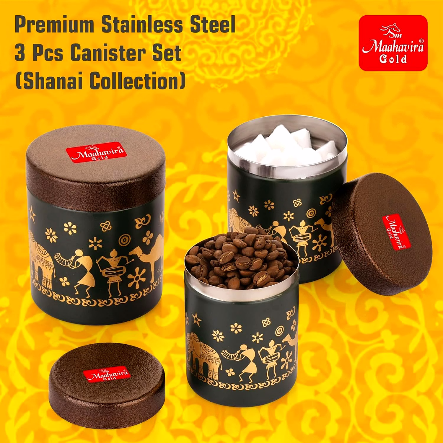 Maahavira Gold Stainless Steel Shanai Printed Design Containers Set with Air Tight Lid Use for Dry fruits, Chocolates, Biscuits, Tea, Sugar & Coffee, 650ml, 450ml & 350ml Set of 3 -Chocolate Brown image 3