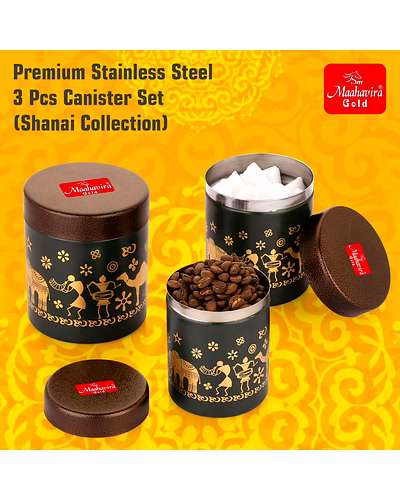 Maahavira Gold Stainless Steel Shanai Printed Design Containers Set with Air Tight Lid Use for Dry fruits, Chocolates, Biscuits, Tea, Sugar &amp; Coffee, 650ml, 450ml &amp; 350ml Set of 3 -Chocolate Brown-2