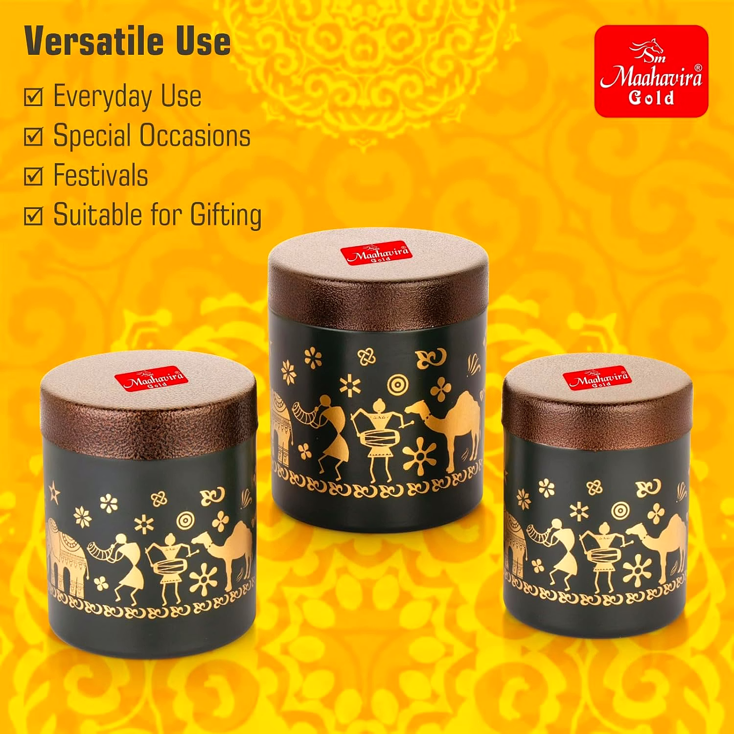 Maahavira Gold Stainless Steel Shanai Printed Design Containers Set with Air Tight Lid Use for Dry fruits, Chocolates, Biscuits, Tea, Sugar & Coffee, 650ml, 450ml & 350ml Set of 3 -Chocolate Brown image 4