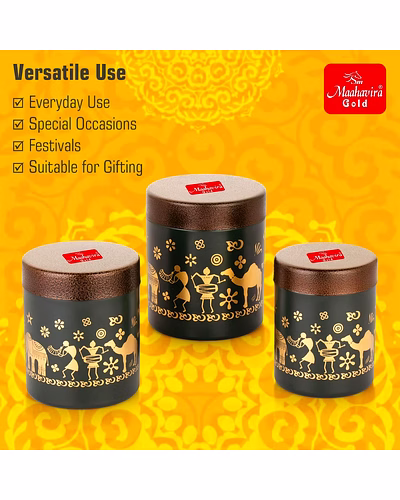 Maahavira Gold Stainless Steel Shanai Printed Design Containers Set with Air Tight Lid Use for Dry fruits, Chocolates, Biscuits, Tea, Sugar &amp; Coffee, 650ml, 450ml &amp; 350ml Set of 3 -Chocolate Brown-3