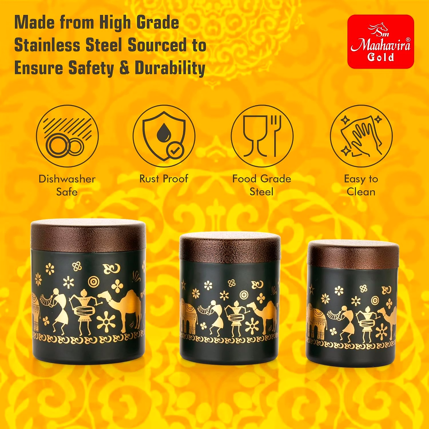 Maahavira Gold Stainless Steel Shanai Printed Design Containers Set with Air Tight Lid Use for Dry fruits, Chocolates, Biscuits, Tea, Sugar & Coffee, 650ml, 450ml & 350ml Set of 3 -Chocolate Brown image 5