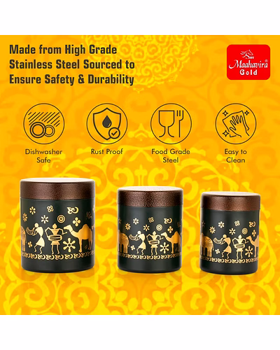 Maahavira Gold Stainless Steel Shanai Printed Design Containers Set with Air Tight Lid Use for Dry fruits, Chocolates, Biscuits, Tea, Sugar &amp; Coffee, 650ml, 450ml &amp; 350ml Set of 3 -Chocolate Brown-4